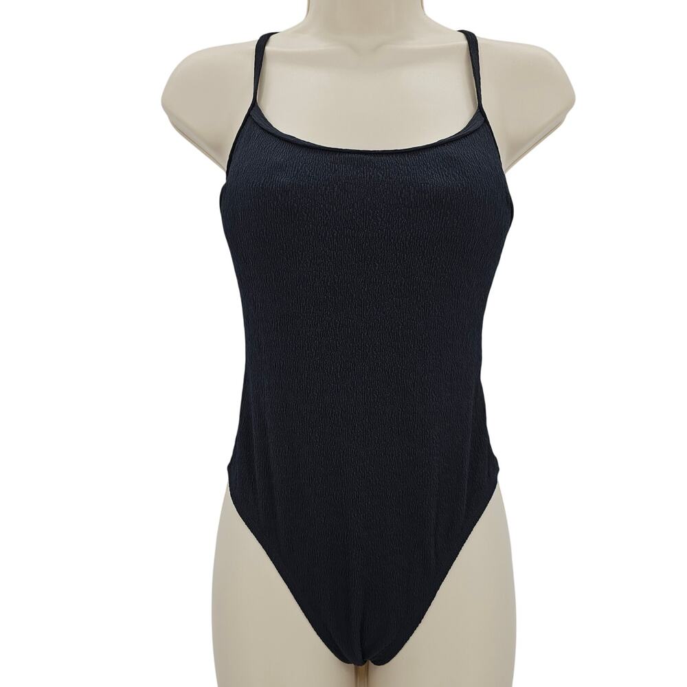 Halara Womans size S Texture Lace Up Tie Back Thong One Piece Swimsuit Black NEW